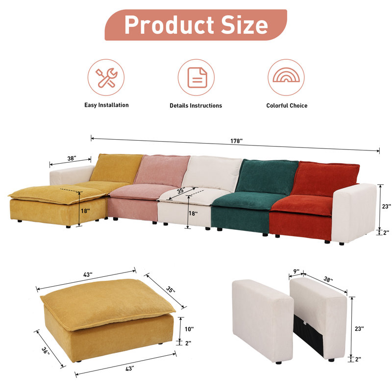 Canapé modulaire en velours côtelé l 178 po