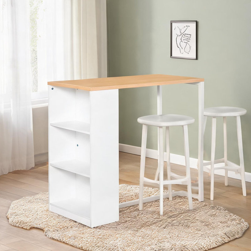 Table de bar compacte avec tablettes à 3 niveaux, panneau de fibres à densité moyenne rectangulaire et acier, blanc impeccable, pour 2 personnes