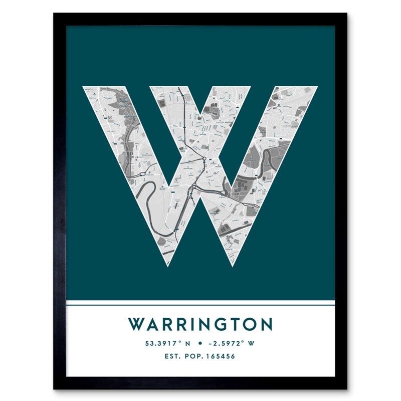 Warrington City Map Warrington Teal by Wee Blue Coo - Single Picture Frame Typography