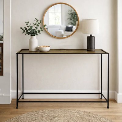 Aurelia 48 Inch Console Sofa Table, Artisanal Hammered Antique Bronze Tray Top, Industrial Black Iron Frame