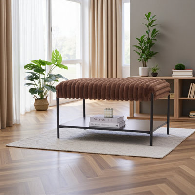 Repose-pieds avec repose-pieds de 30,7 po de large avec repose-pieds en métal, repose-pieds avec tablette de rangement ouverte en bois, tabouret pour le salon, la chambre à coucher et le vestibule