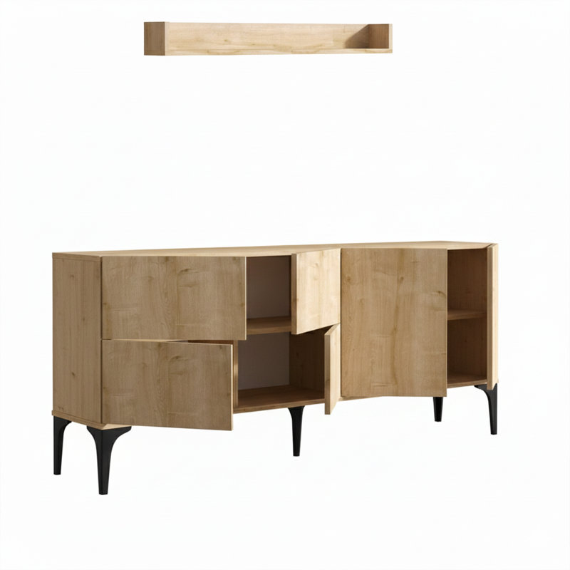 70.9'' Wide Rectangle 5 Cabinets Console Table With 1 Wall Shelf