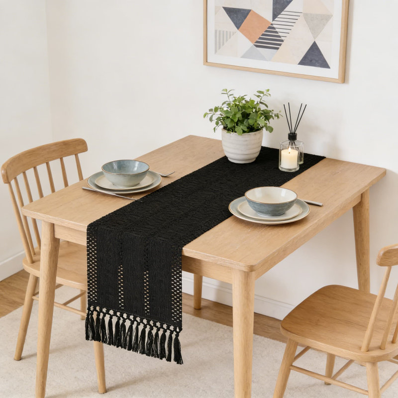 Macrame Table Runner With Fringed Edges, Woven Farmhouse Home Decor, 72 Inch Long Rectangular Table Cover For Dining Room And Kitchen