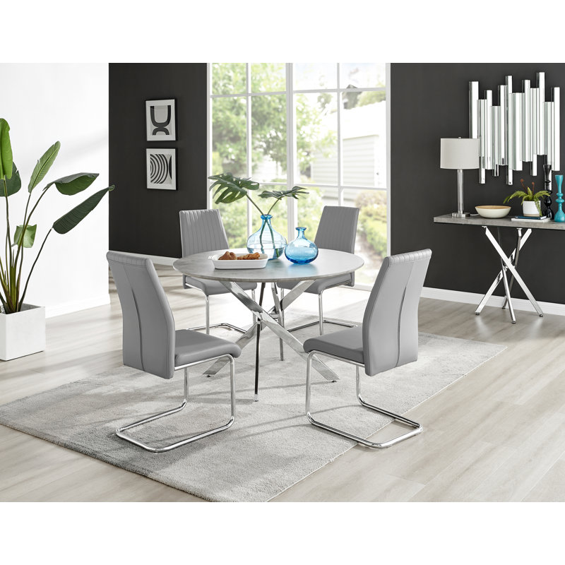 Tierra Modern Chrome Metal & Glass Round Dining Table Set with 4 Upholstered Faux Leather Chairs, Grey/Silver