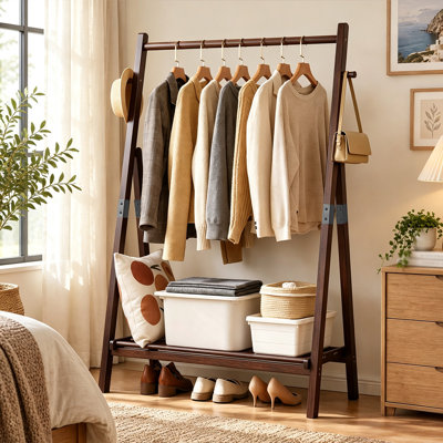 Heavy‑Duty Foldable Solid Wood Garment Rack, A Frame Freestanding Clothes Rack with Hanging Rod, Side Pegs & Bottom Storage Shelf, Collapsible Coat Rack for Bedroom, Entryway, Apartment