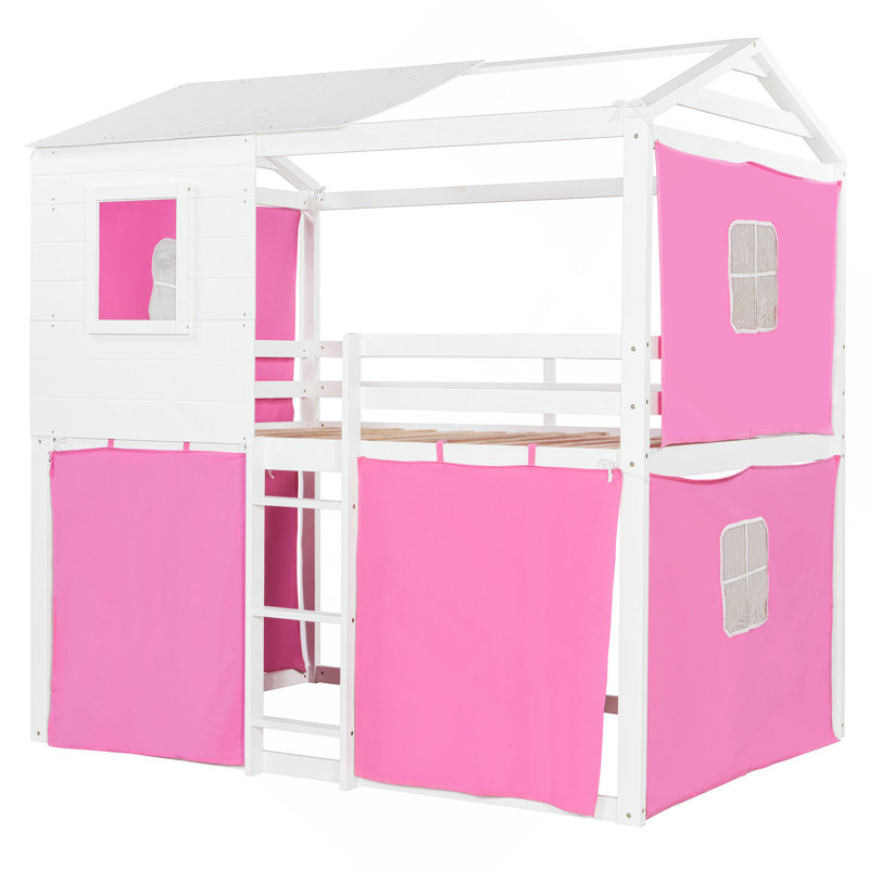 Lit superposé en bois avec tente, Lit double , Rose/Blanc
