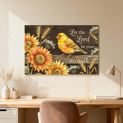 Tournesols, oiseau, blé, fleurs, texte en bois
