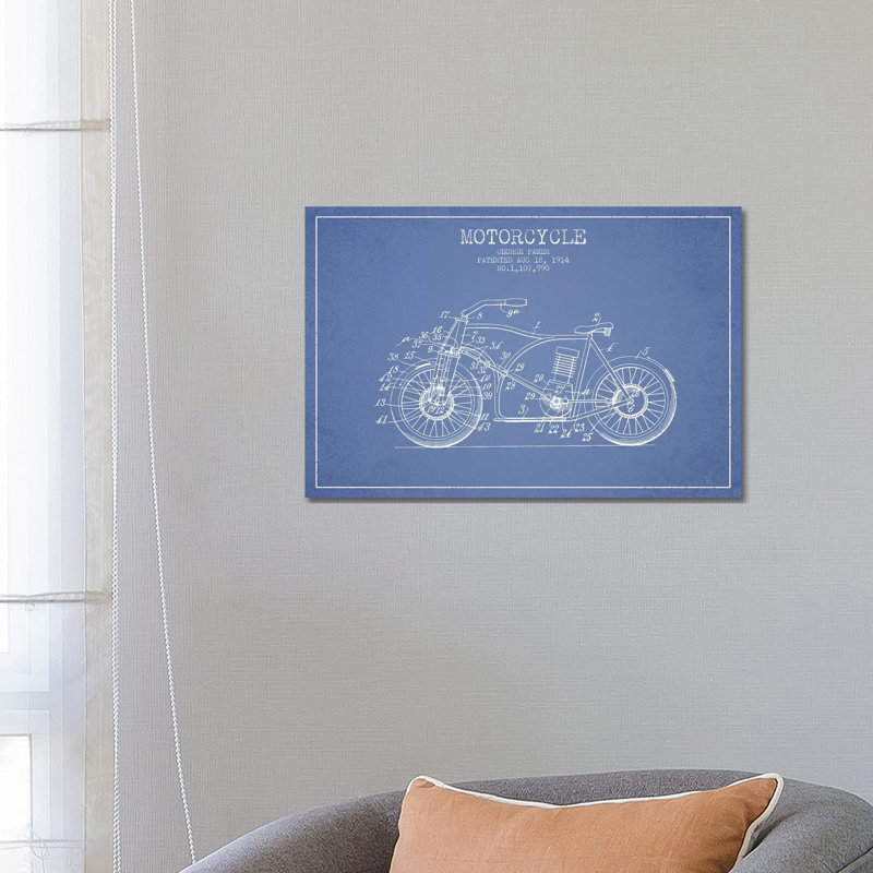 George Pamer Motorcycle Patent Sketch (Light Blue) 1 Piece Wrapped Canvas Wall Art, 66.04 cm H x 45.72 cm W x 3.175 cm D