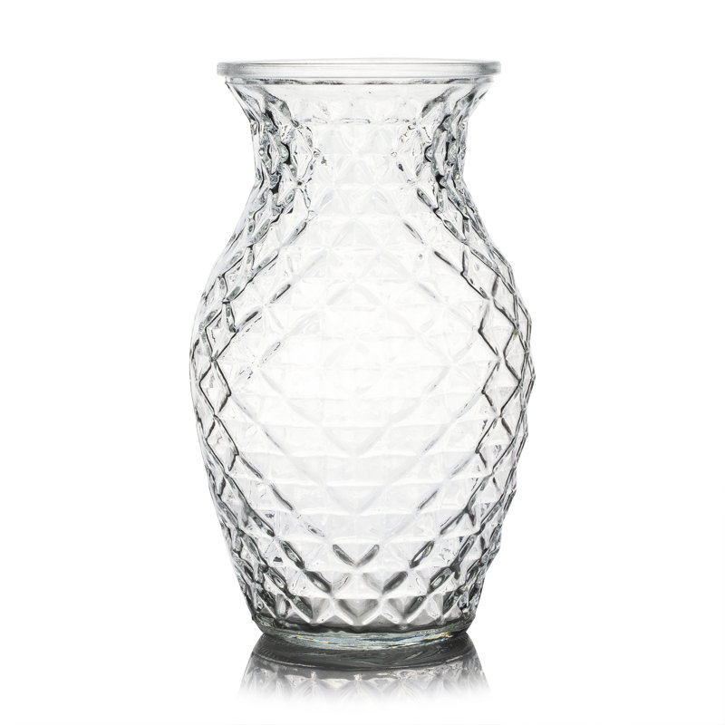 Clear Diamond-faceted Glass Vase For Flowers 5.0" W 8.0" H, 4 piece