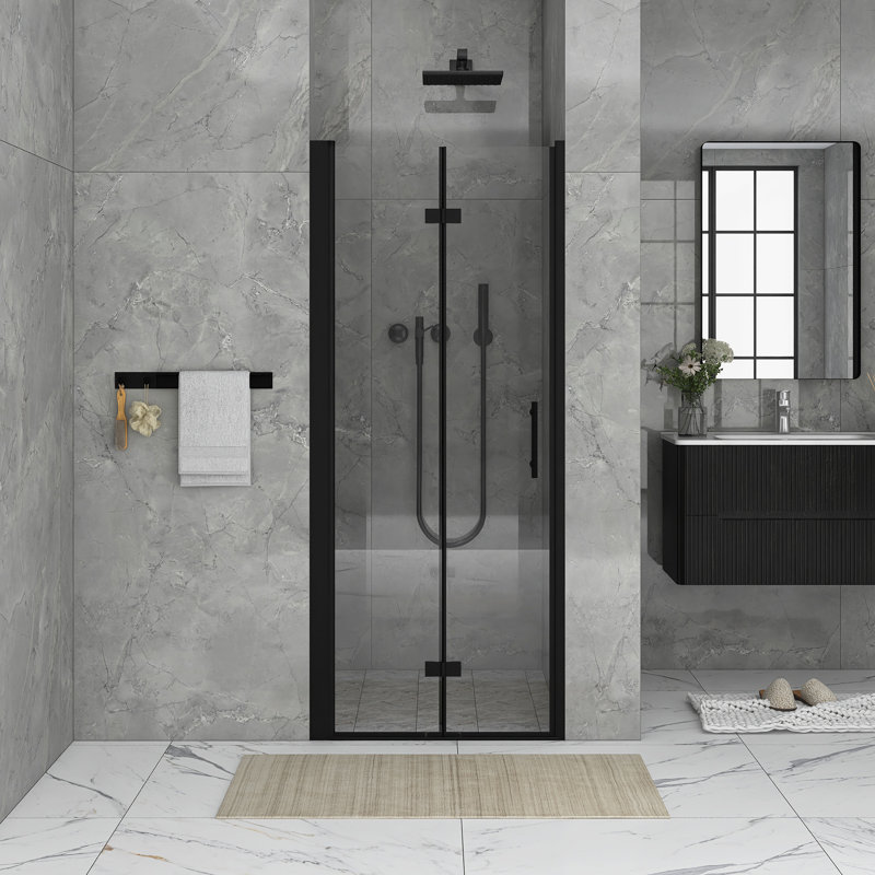 32 In. W X 72 In. Bifold Semi-Frameless Shower Door In Matte Black Finish