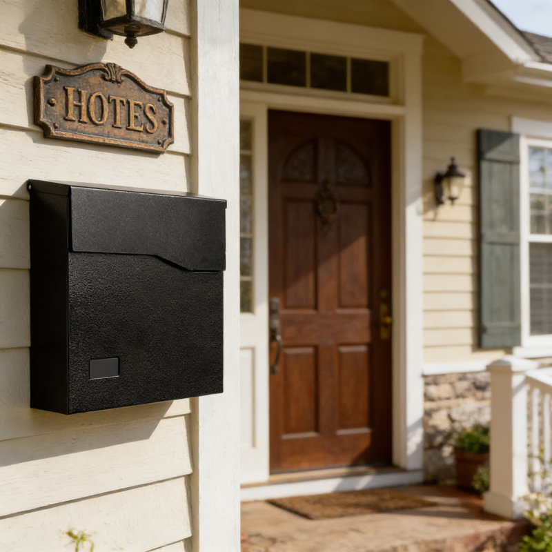 Boîte aux lettres murale en acier robuste avec grande capacité, finition noire résistante à la rouille et installation facile pour l'extérieur de la maison