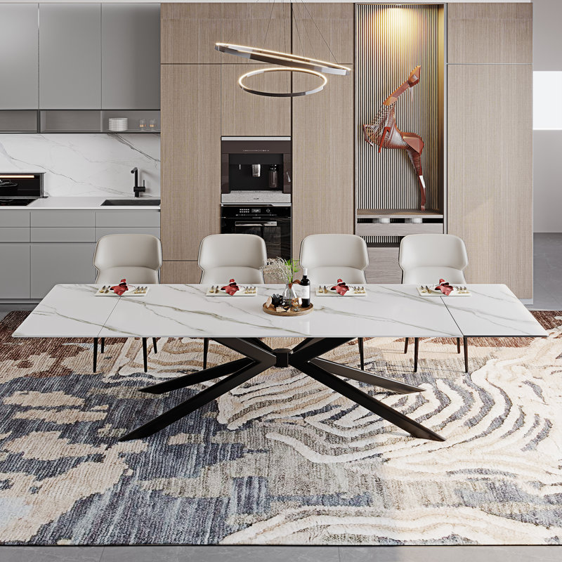 Cerinle 78.74'' To 110.24'' Extendable Rectangular Sintered Stone Dining Table For 10-12, Snowy Mountain White
