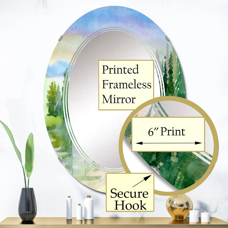 Paysage de rivière d'été avec arbres verts - miroir mural traditionnel ovale, 36 po x 24 po