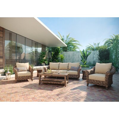 Cayman Sofa, Stationary Lounge Chair, Coffee Table and Woven Drum Stool/Side Table 6 Piece Rattan Seating Group with Sunbrella Cushions -  Winston, CAY-6PC-S-ST-2WT