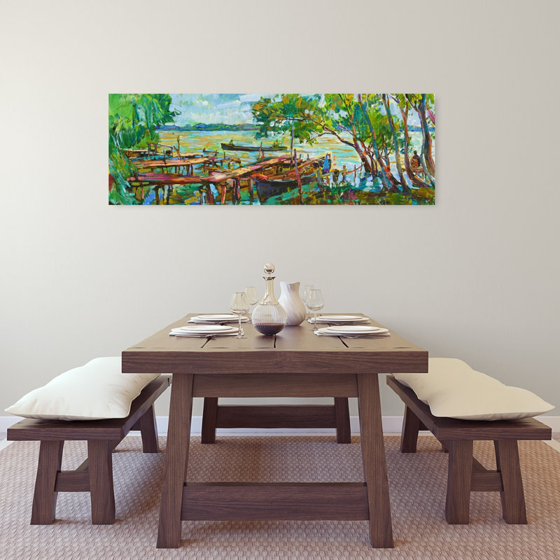 «Peaceful Lake Docks», art mural paysage côtier abstrait, H 48 po x l 16 po