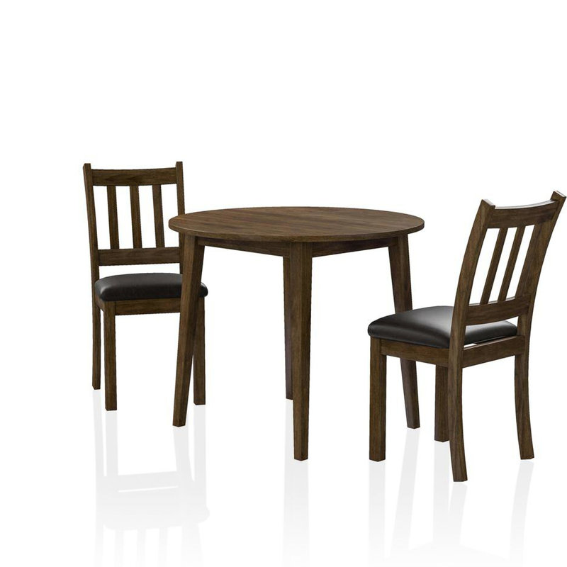 Salle à manger confortable 3 pièces: table noyer brun et 2 chaises, bois massif, siège rembourré, pièce ronde transitionnelle