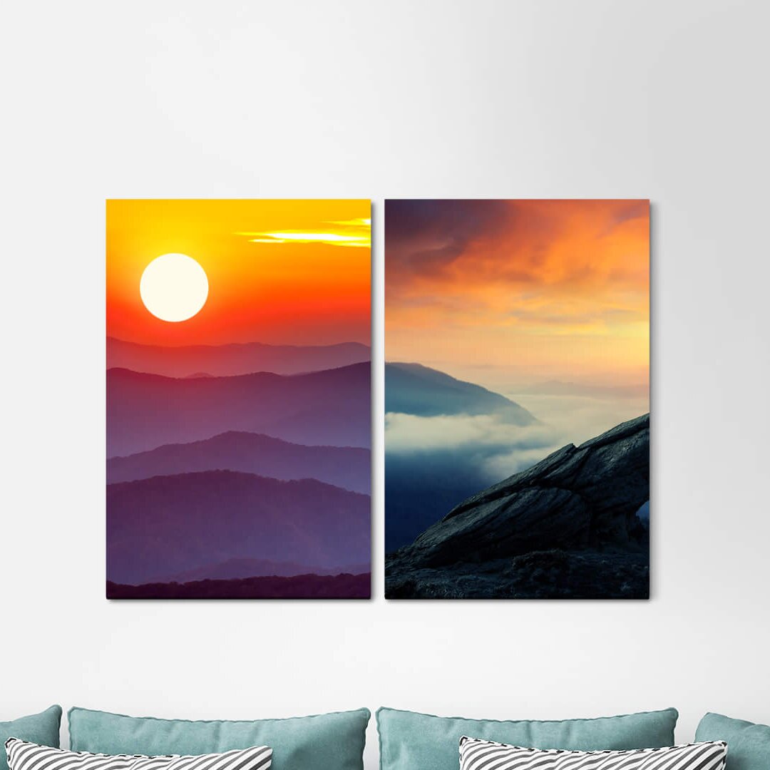 2-tlg. Leinwandbilder-Set - Grafikdruck „Mountains Sun NatureSilence Idyllic Beautiful”