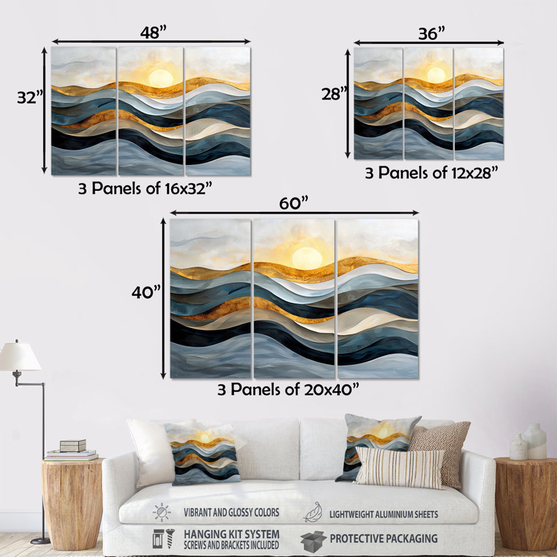 Ensemble de salon art mural jaune et gris audacieux au coucher du soleil II - Paysages abstraits, Métal métal