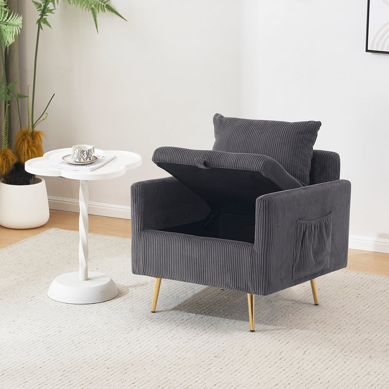 Upholstered Arm Accent Chair with Storage and Pocket, Dark Gray