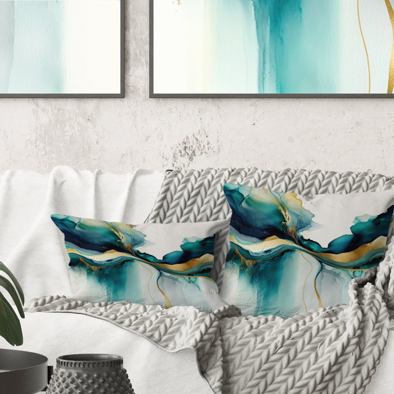 Teal And Gold Abstract Expression I - Modern Printed Throw Pillow, 16"H x 16"W, Square