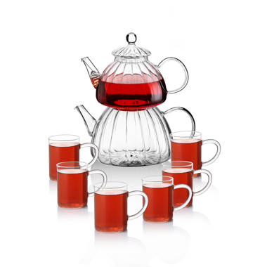 Affogato Glass Teapot with 6 Cups with Strainer, Enamel Rose&Butterfly, Red, Size: One Size