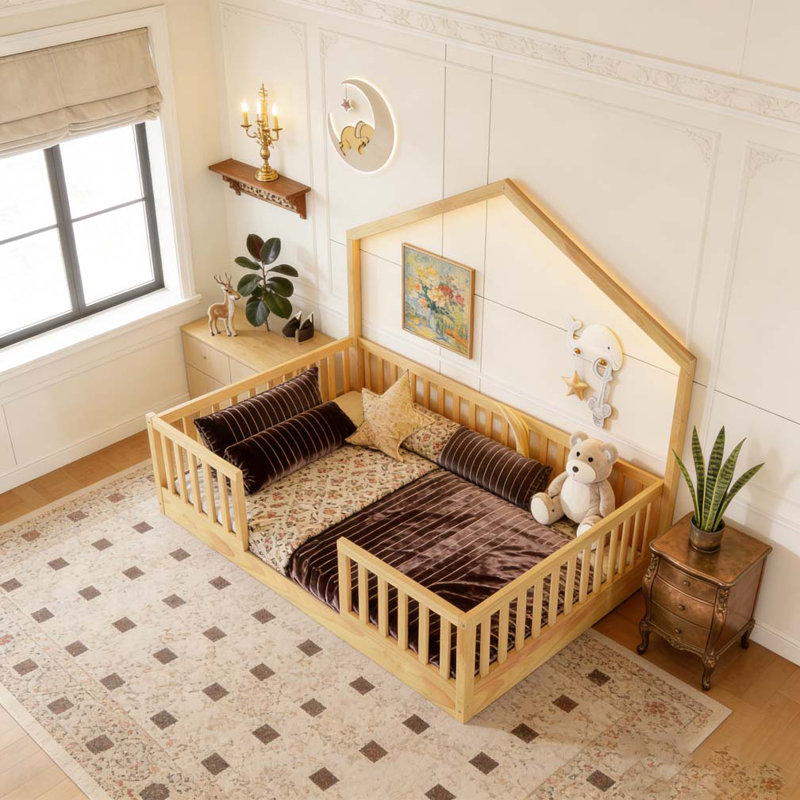 Lit sur pied en bois Montessori, Lit simple, Bois naturel