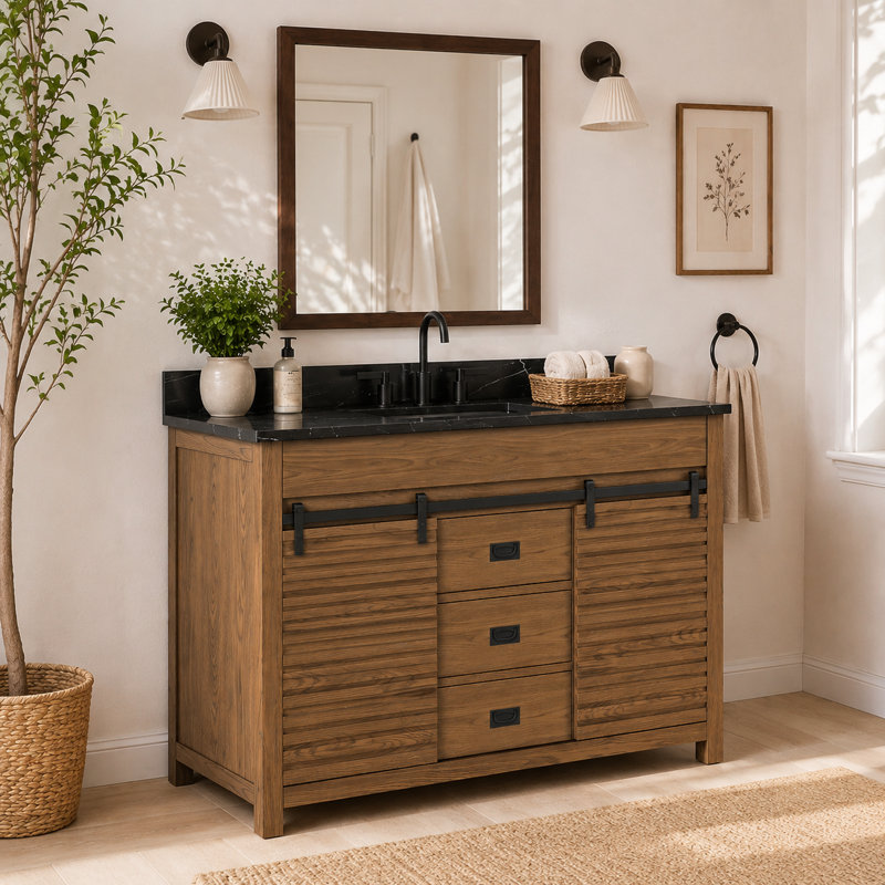 Kaeron Freestanding Single Sink Bathroom Vanity With Sliding Barn Door And Sintered Stone Top, Single