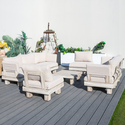 Ensemble de conversation modulaire d'extérieur à grain de bois en aluminium pour 7 personnes avec coussins beiges Choi