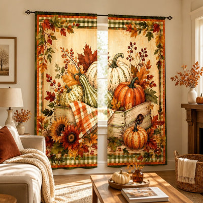 2Pcs Autumn Harvest Pumpkins Curtains, Vintage Fall Floral Patterned Light Filtering Curtain for Living Room Bedroom Kitchen Window Drapes, Home Decor, Wall
