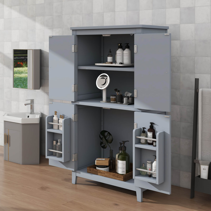 Chic Freestanding Bathroom Floor Storage Cabinet With 4 Doors And Adjustable Shelves, Gray