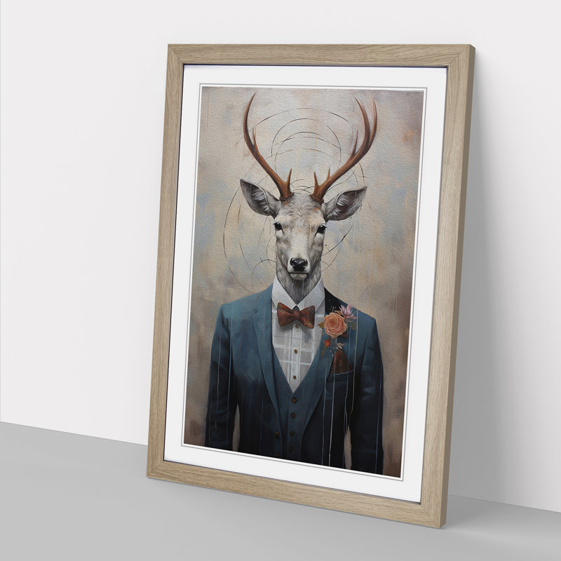 Stag Modern - Single Picture Frame Print on Wood, 34cm H x 25cm W x 2cm D, Oak