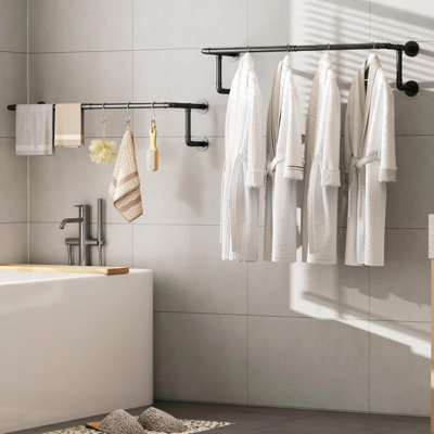 Industrial Pipe Clothes Racks 2 Pack, Black Pipe Wall Mounted Clothing Racks For Hanging Clothes, Space Saving Closet Hanging Rod For Laundry Room, Bedroom