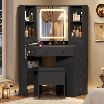 Vanity Desk with Mirror Lights, Storage Bench & Power Outlet, Corner Vanities with Rotating Cabinet & Drawers, 3 Light Settings Vanity Set, for Women Girls