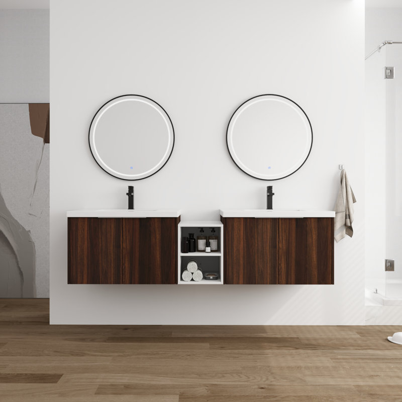 Meuble-lavabo double avec comptoir en résine, Brun, 72"