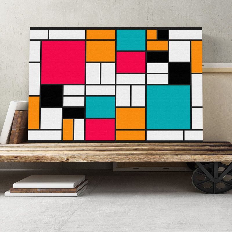 Piet Mondrian - Wrapped Canvas Painting, 70cm H x 100cm W x 3cm D, Pink/Orange/White