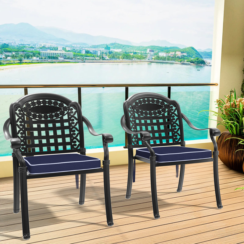 Chaise de patio en aluminium coulé, 2 pièces, noire, à porter, coussins confortables, empilable peu encombrante, revêtement ergonomique protégé