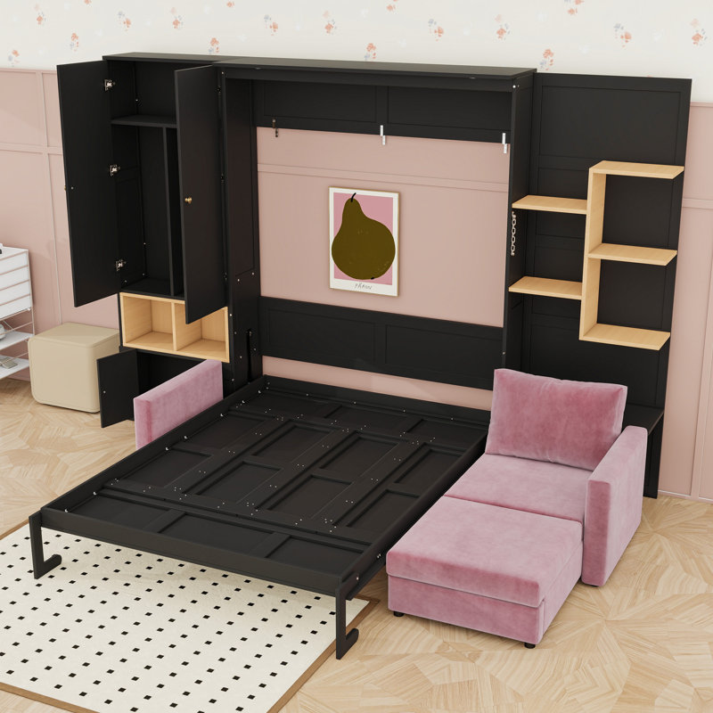 Lit escamotable avec canapé, tablettes de rangement, double éclairage et armoires, Noir / Rose
