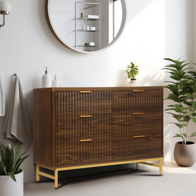 Fluted Design 6-Drawers Wood Dresser Storage Organizer, Wooden Tall Chest of Drawers