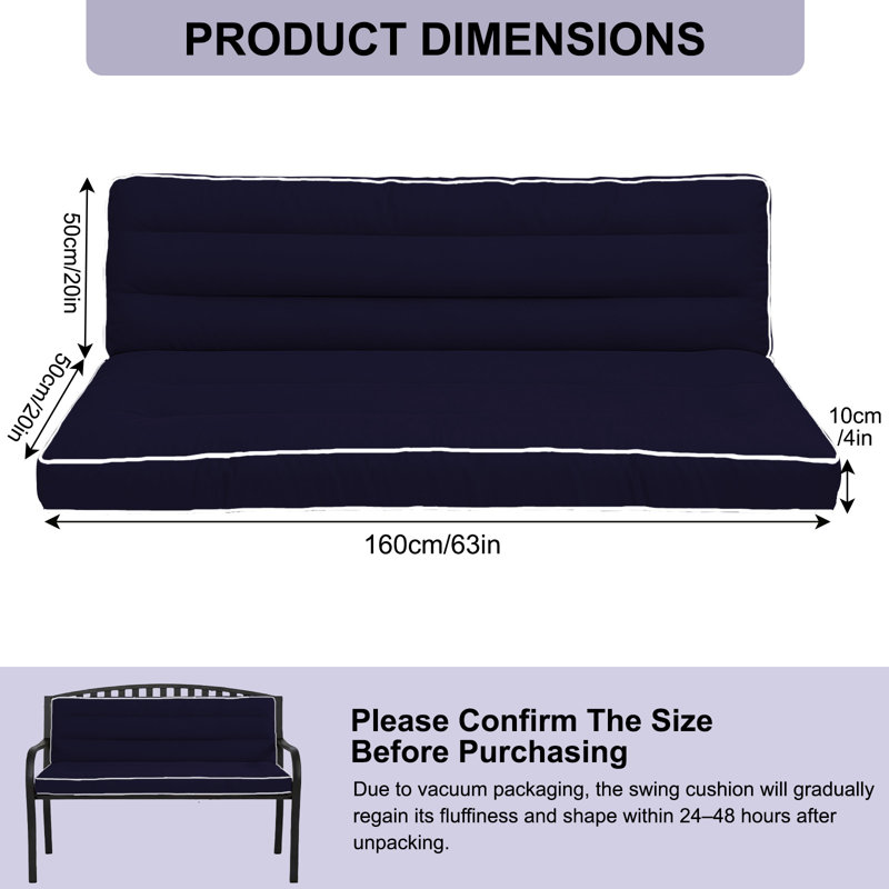 Outdoor Swing Cushion with Backrest & Tie Straps, 2/3 Seater Replacement Glider Cushion, Navy Blue