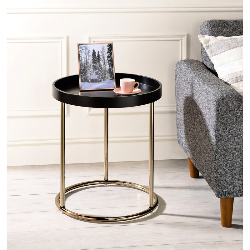 , Table d'appoint Mid-Century, bord rabattu, hauteur de 22,35 po, base en bois comprimé, pieds en métal cuivré, table de style Mid-Century de 22,35 po avec entretien de 3 chiffons humides