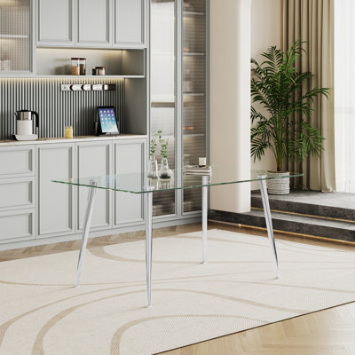 Table de salle à manger en verre trempé de 0,32 po d'épaisseur avec supports en acier inoxydable argenté, ajout élégant aux installations, structure facile à nettoyer et durable, choix dorés, 62,1 po de profondeur, 34,79 de largeur, 29,32 de hauteur,