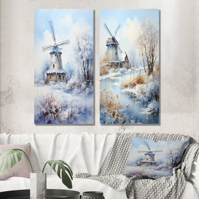 Snowy Windmill Winter Landscape I - Windmills Canvas Art Print Set Of 2