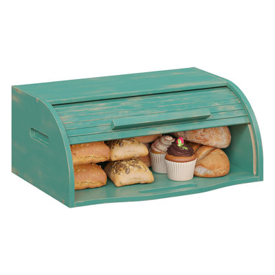 Boîte à pain à roulettes en bambou pour la cuisine, rangement de pain de grande capacité pour comptoir, rangement pour pain en bois, boîte à pain naturelle (bleu antique)