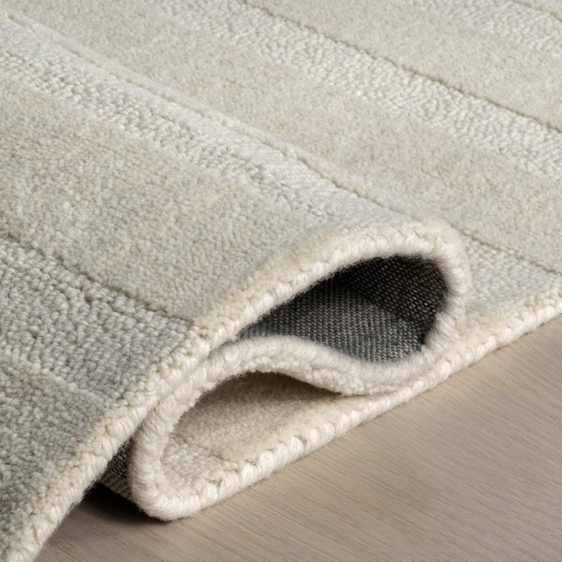 Ivory Striped Wool Handmade Tufted Rectangular Area Rug, 4' x 6'