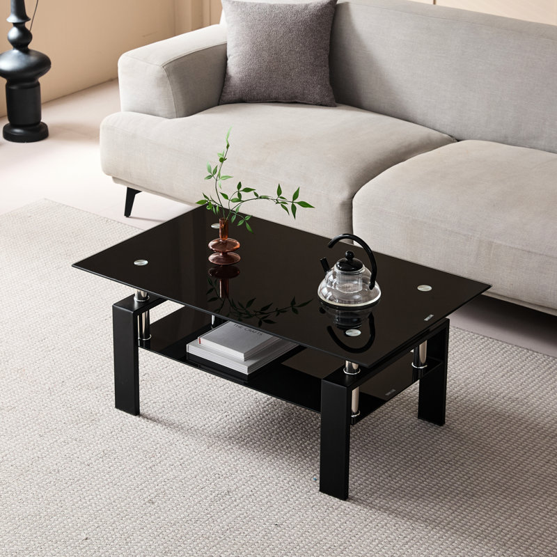 Table basse en verre trempé noir, table à thé à 2 niveaux pour le salon | Idée de cadeau, Black