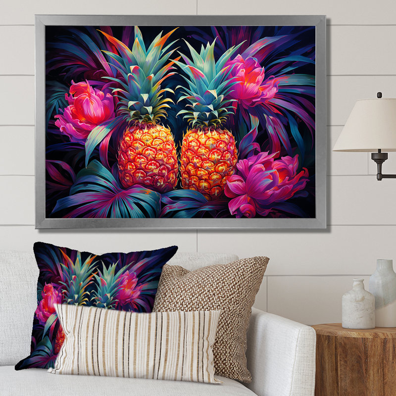 Nectar néon ananas sur toile, White Picture Framed, H 16 po x l 32 po