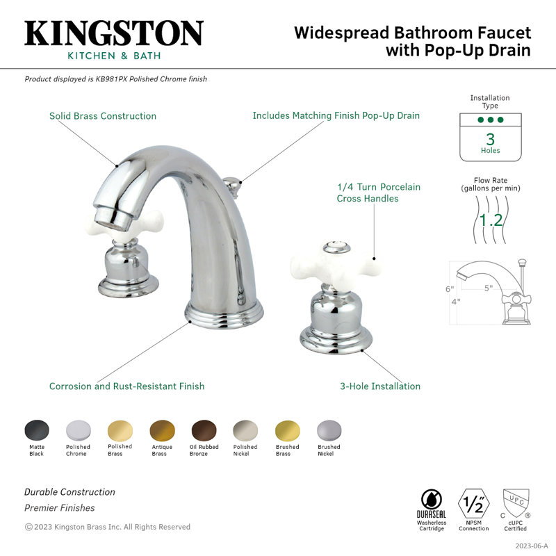 Kingston Brass Victorian Two-Handle 3-Hole Deck Mount Widespread Bathroom Faucet with Retail Pop-Up Drain, Polished Chrome