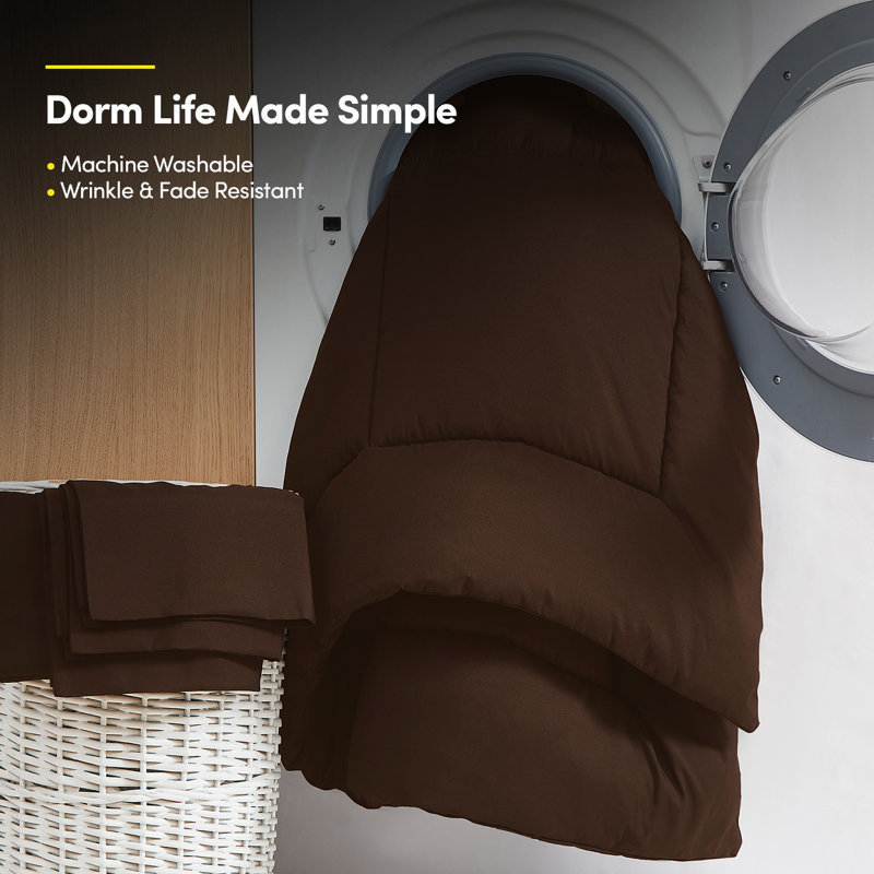 Ensemble de literie pour grand lit simple 7 pièces Campus Ready Dorm, édredon, oreillers et draps, Brun