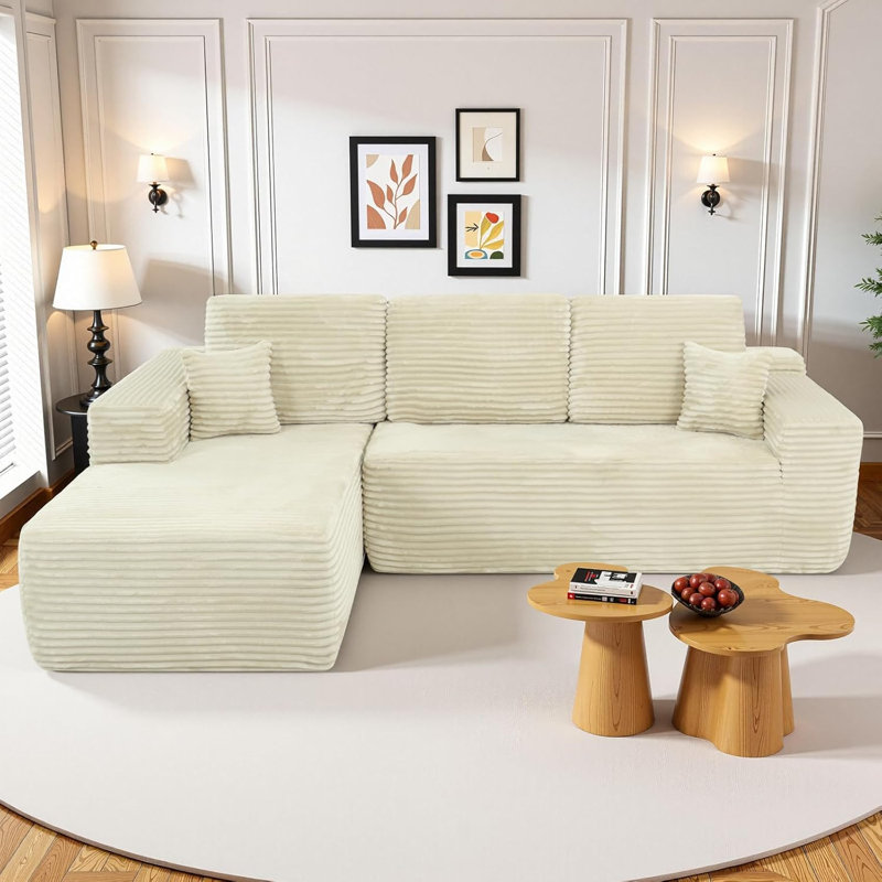 Canapé modulaire en velours côtelé à gauche avec 2 coussins, siège modulaire en L avec assise profonde, assemblage à gauche, beige