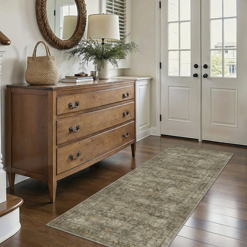 Roehit Heritage Oriental Performance Area Rug - Antique Olive & Charcoal Oushak Faux Wool  - Non-Slip & Machin Washable